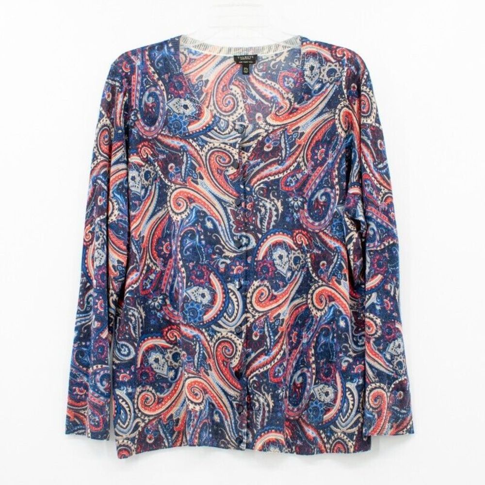 Talbots womens 100% merino wool paisley print button cardigan‎ Size 2XP red blue